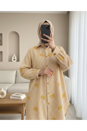 Çiçek Nakışlı Kareli Gömlek -Turuncu