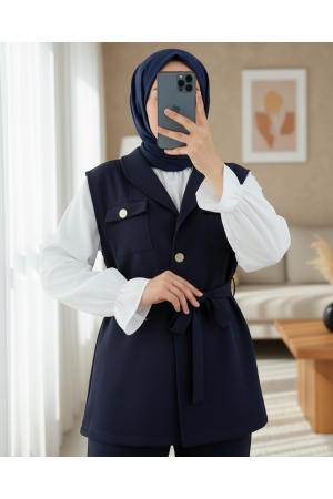 Zero Sleeve Button Front Waist Belted Three Piece Suit -Navy blue