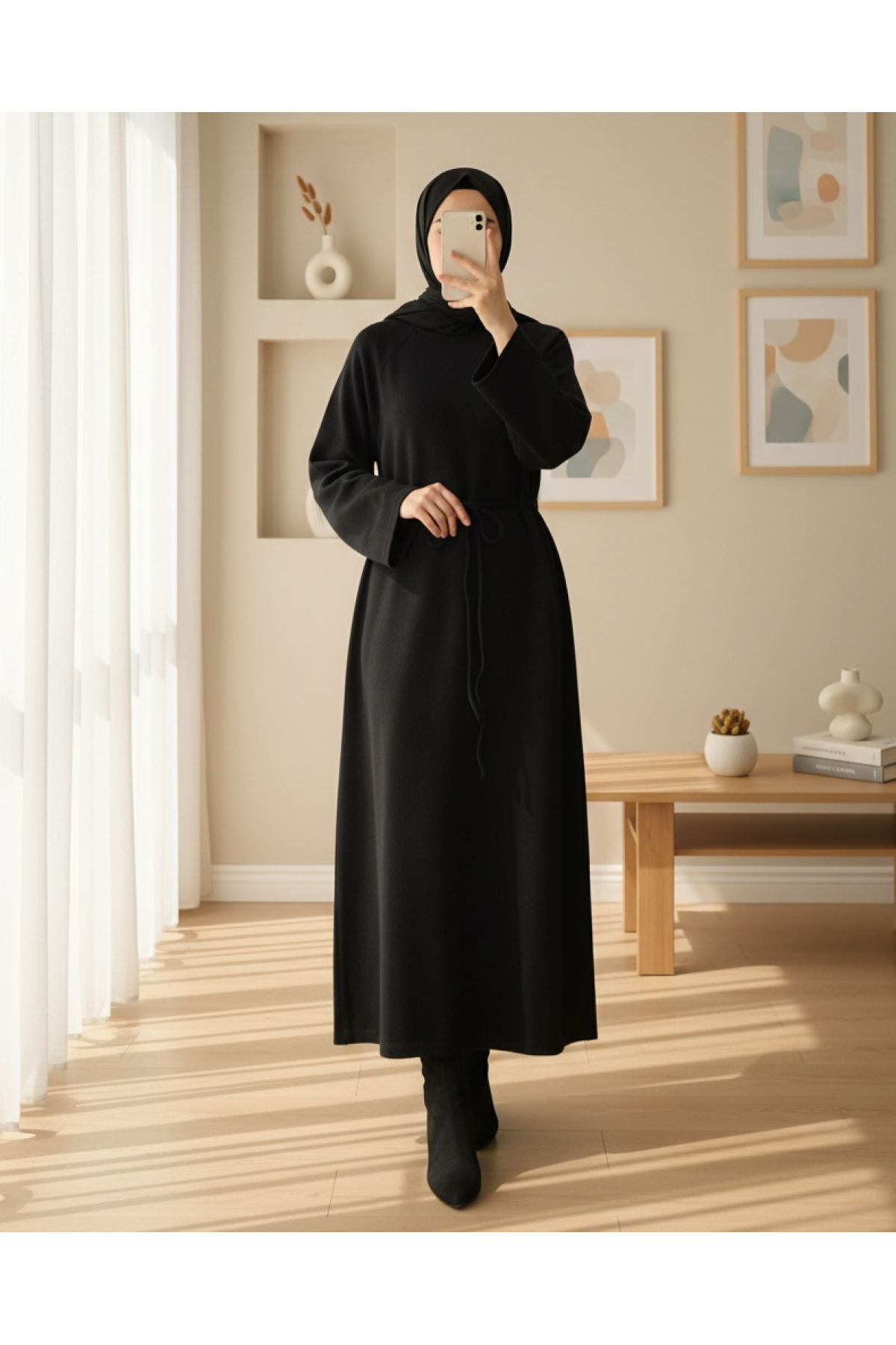 Round Neck Selanik Dress with Tie Waist -Black