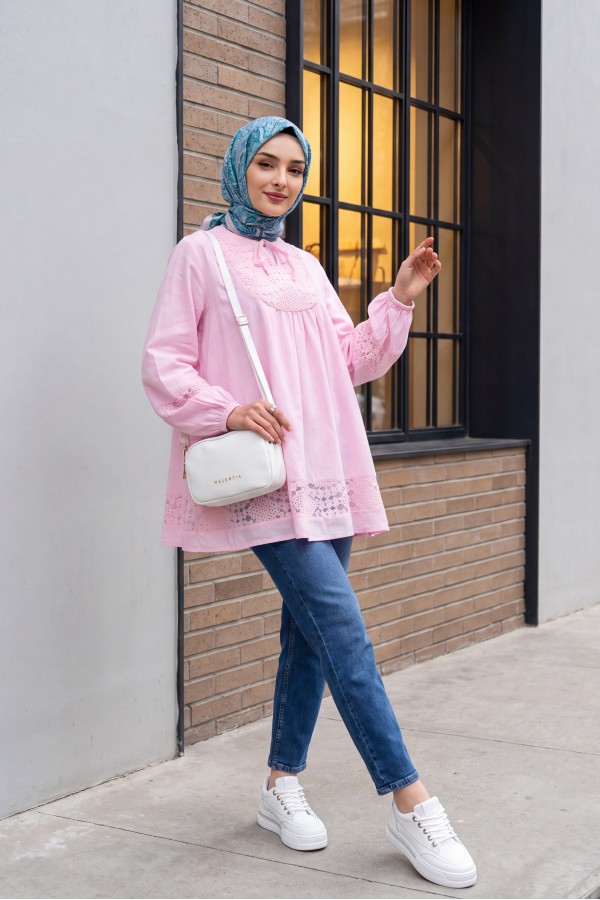 Lace Detailed Tied Collar Elastic Sleeve Shirt -Pink