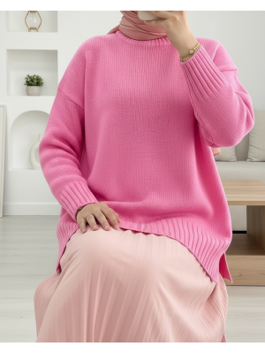 Bisiklet Yaka Eteği Fitilli Salaş Triko Kazak  -Pembe