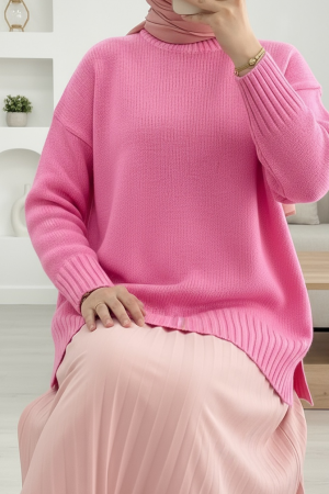 Crew Neck Skirted Ribbed Casual Knitwear Sweater  -Pink