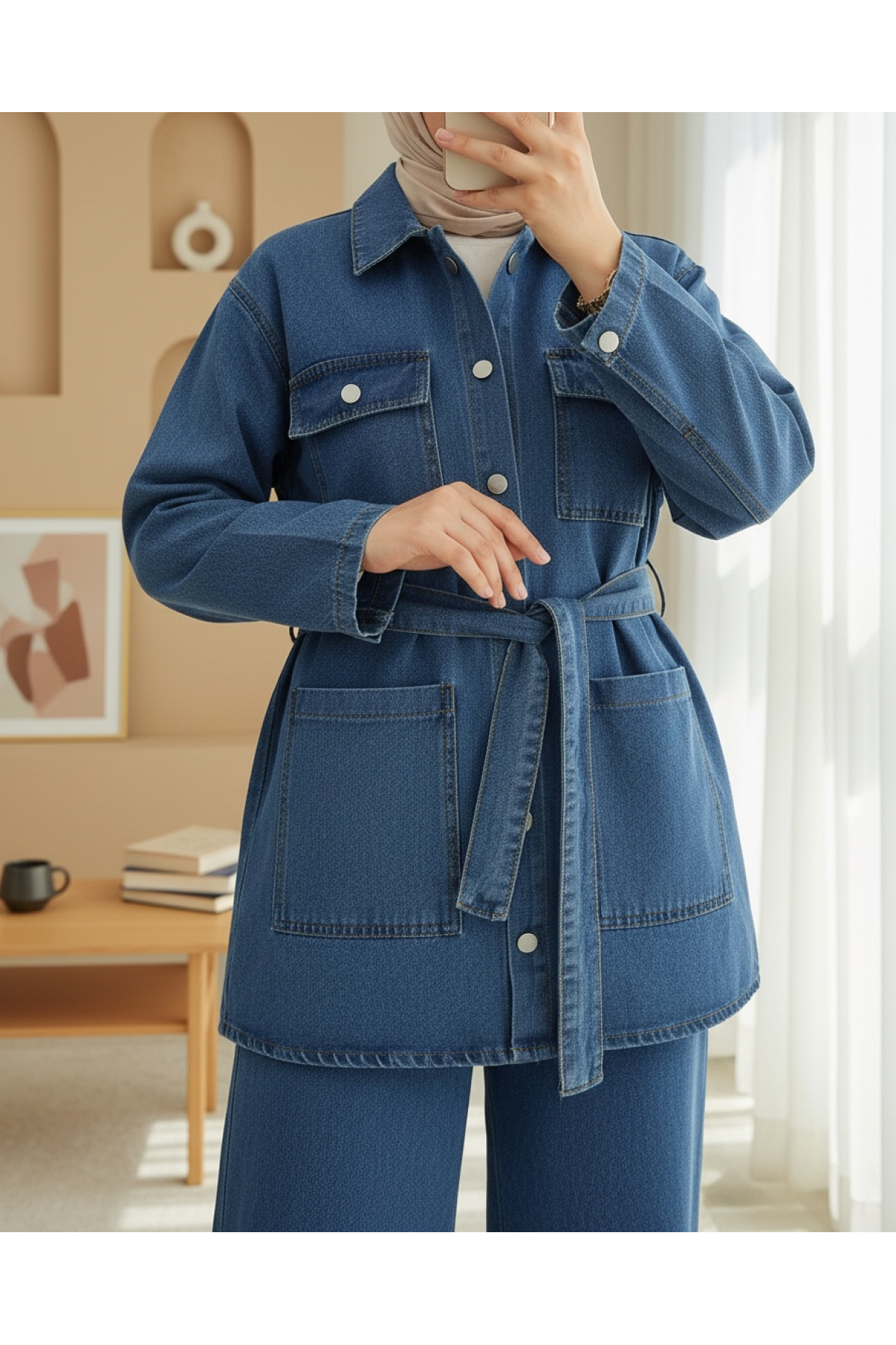 Waist Belted  Pocketed Buttoned Front Denim Suit -Blue