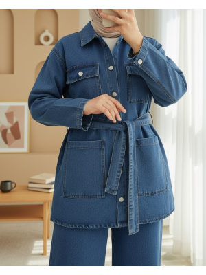 Beli Kemerli Cepli Önü Düğmeli Kot Takım -Mavi