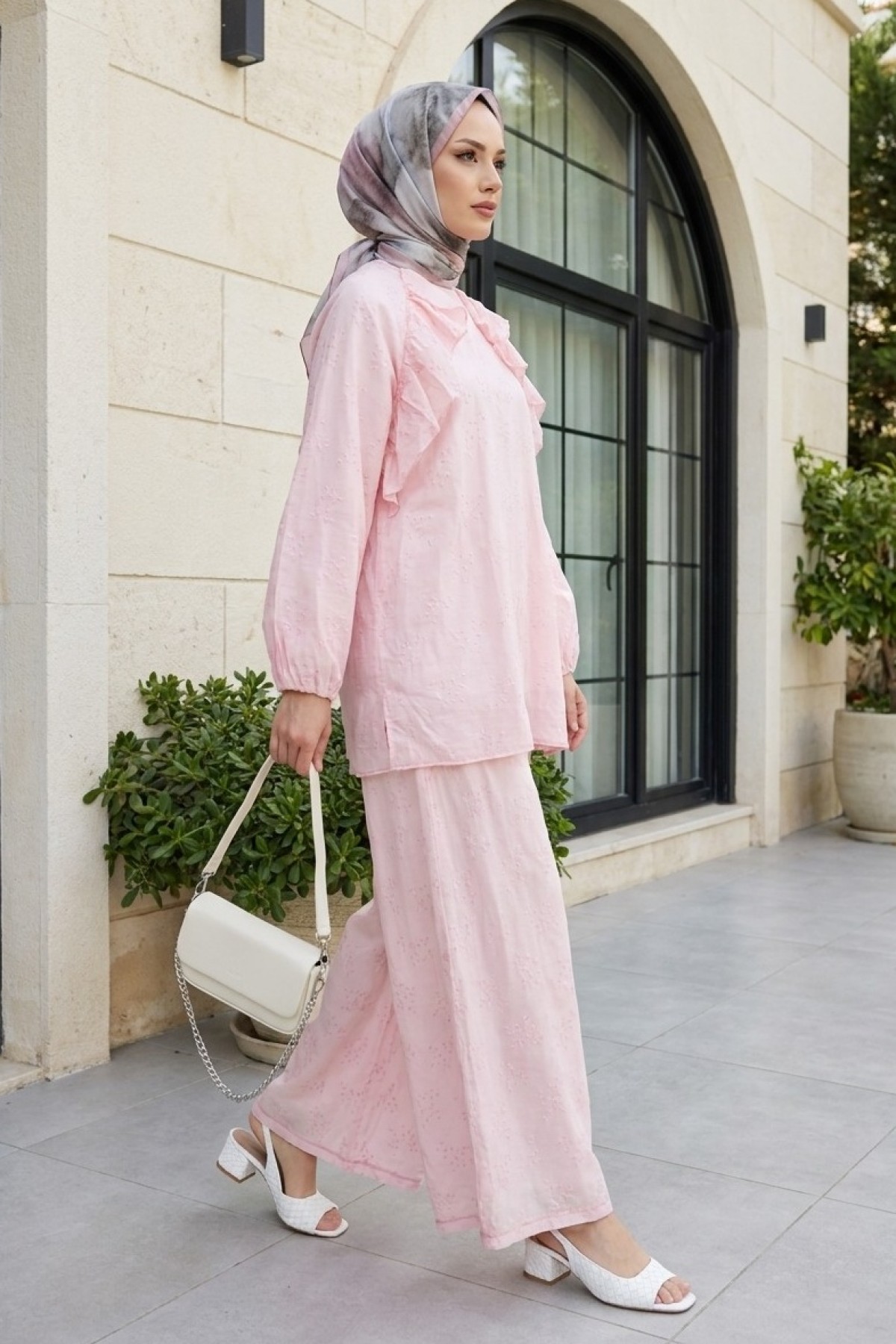 Crew Neck, Front Ruffled, Lined, Elasticated Sleeve Voile Set -Powder