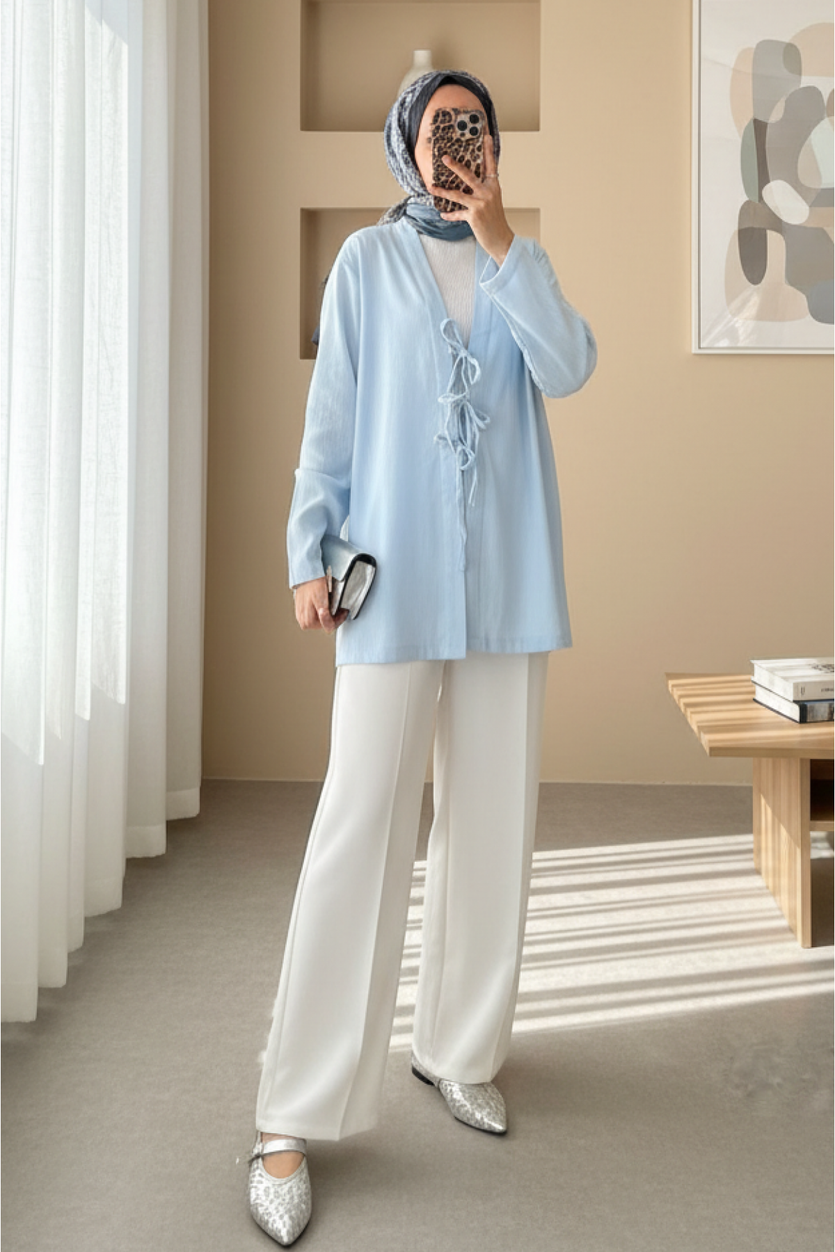 Önü Üç Bağcıklı Keten Görünümlü Kimono -Bebe Mavi