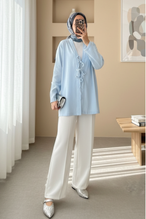 Önü Üç Bağcıklı Keten Kimono -Bebe Mavi