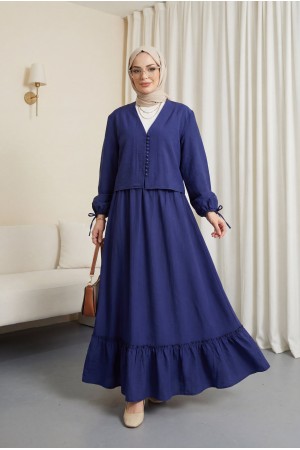 V Yaka Kolları Bağcıklı Top Düğmeli Etekli Viskon Takım  -Laci