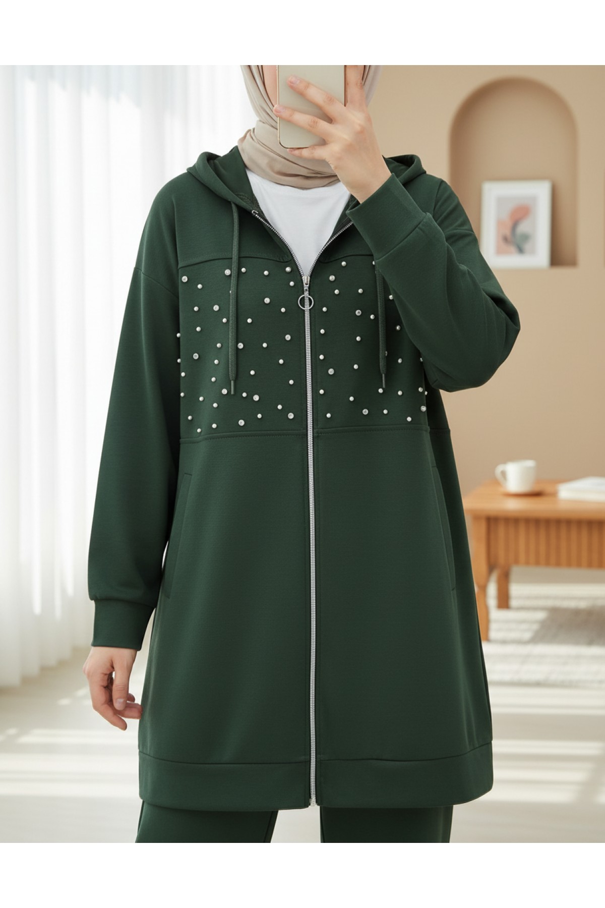 Oyhso  Suit with Hooded Zipper and Pearl and Stone Detail on the Front -Khaki