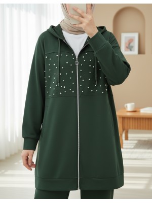 Kapşonlu Fermuarlı Önü İnci Ve Taş Detaylı Oyhso Takım -Haki