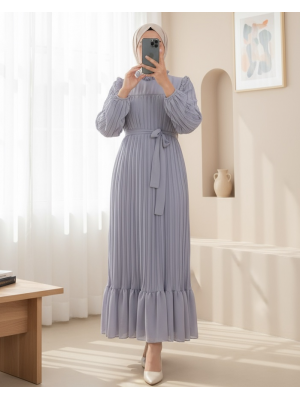 Önü Robalı Kolları ve Bedeni Piliseli Elbise      -Gri