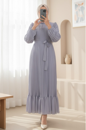 Önü Robalı Kolları ve Bedeni Piliseli Elbise      -Gri