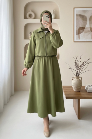 Önü Fermuarlı Beli Ve Kolu Lastikli Cep Detaylı Dabıl İkili Takım -Çağla Y.