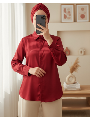 3964 Hafif Dökümlü Saten Gömlek - Mürdüm