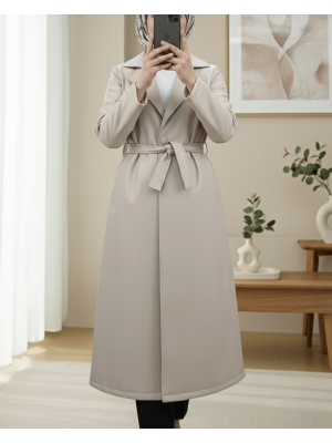    Beli Kemerli Yan Cebli Tek Düğmeli Deri Trençkot -Bej