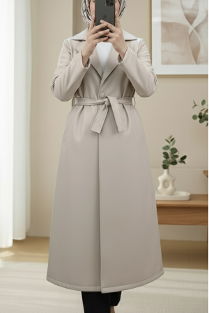    Beli Kemerli Yan Cebli Tek Düğmeli Deri Trençkot -Bej