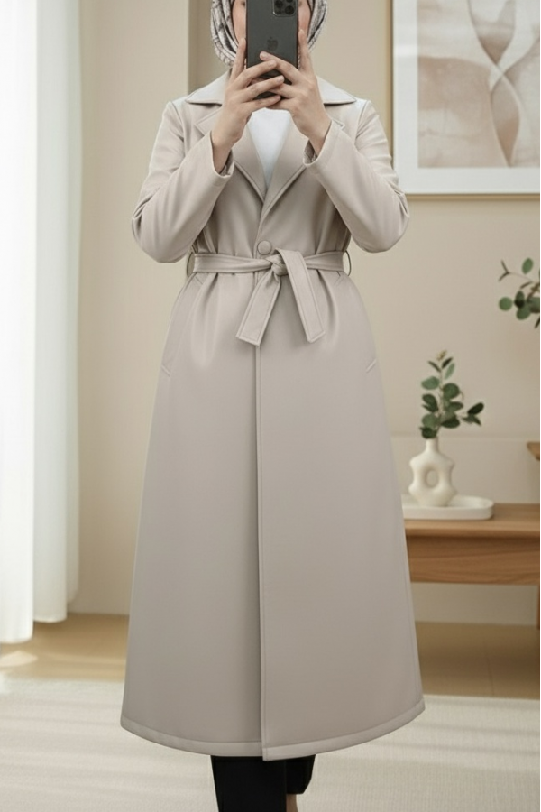 Single Button Leather Trench Coat with Waist Belt and Side Pockets - Beige