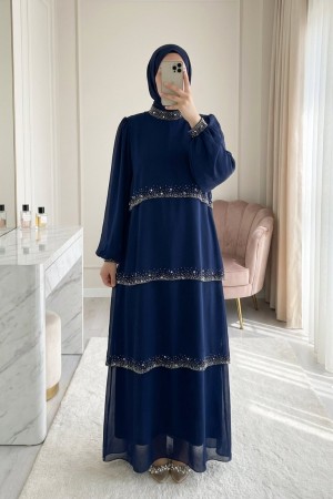 Layered Chiffon Dress with Stone Details on the Neckline, Sleeves and Layers -Navy blue