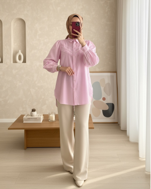 Güpür Püsküllü Ham Keten Balon Kol Gömlek  -Pudra