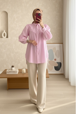 Güpür Püsküllü Ham Keten Balon Kol Gömlek  -Pudra