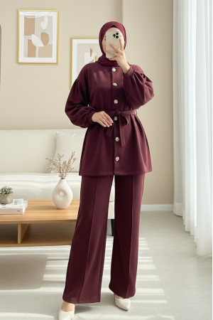 Balon Kol Beli Kuşaklı Önü Düğmeli Scuba Takım  -Bordo