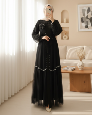 Two-Piece Abaya Set with Rose Collar and Pearl Detail and Striped Skirt -Black