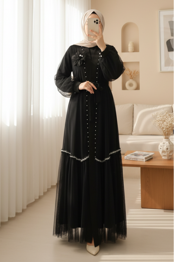 Two-Piece Abaya Set with Rose Collar and Pearl Detail and Striped Skirt -Black