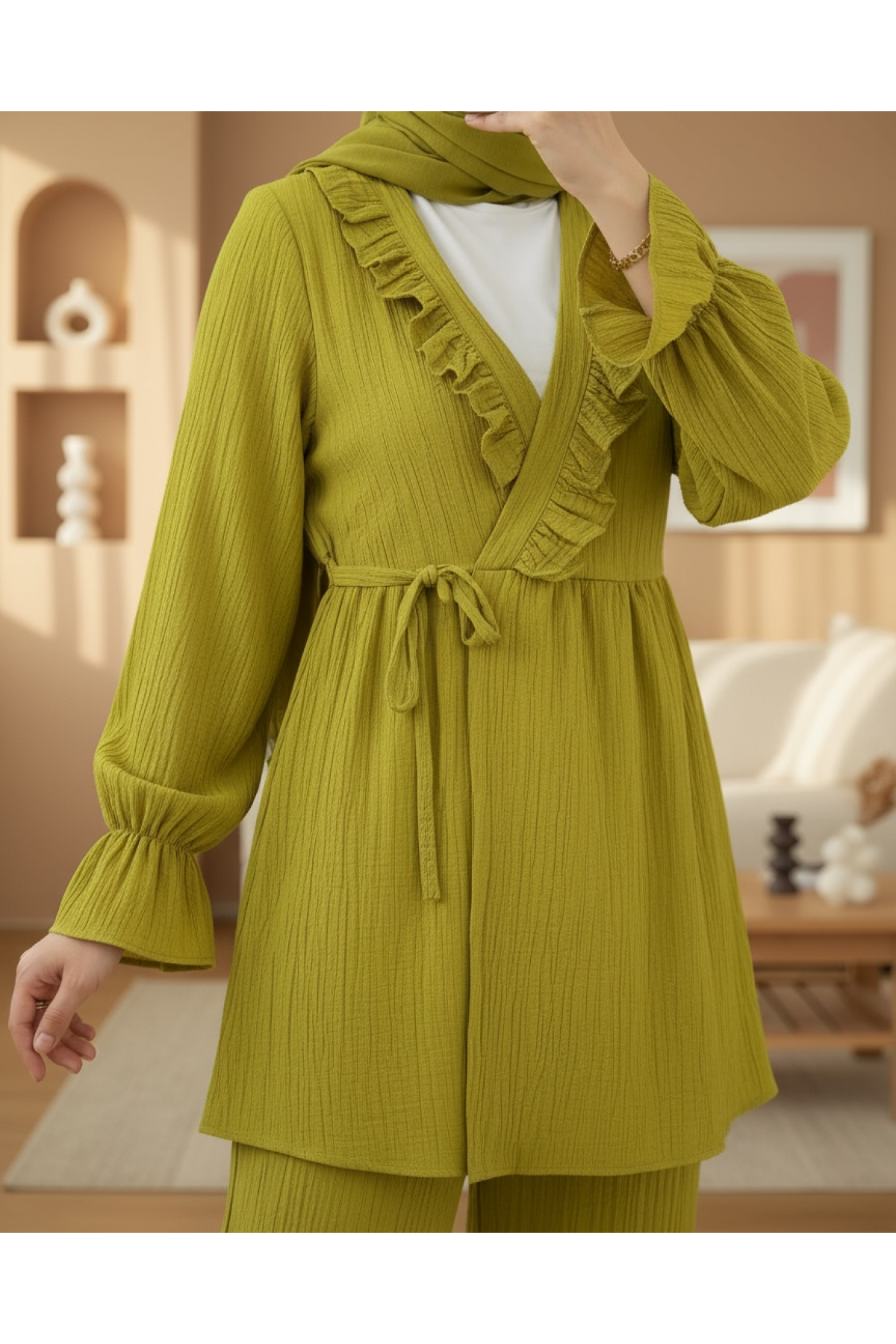 Kolu Lastikli Önü Fırfırlı Bağcıklı Krinkıl Kimono Takım -Yağ Yeşili
