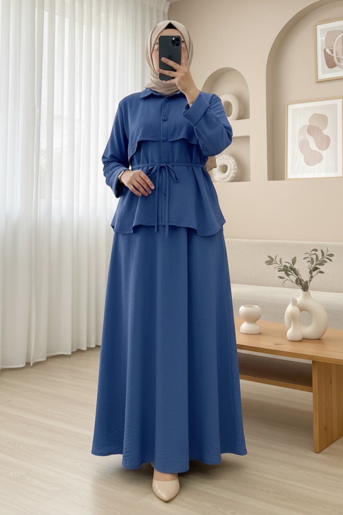 Ayrobin Suit with Top Button Belt and Skirt -İndigo