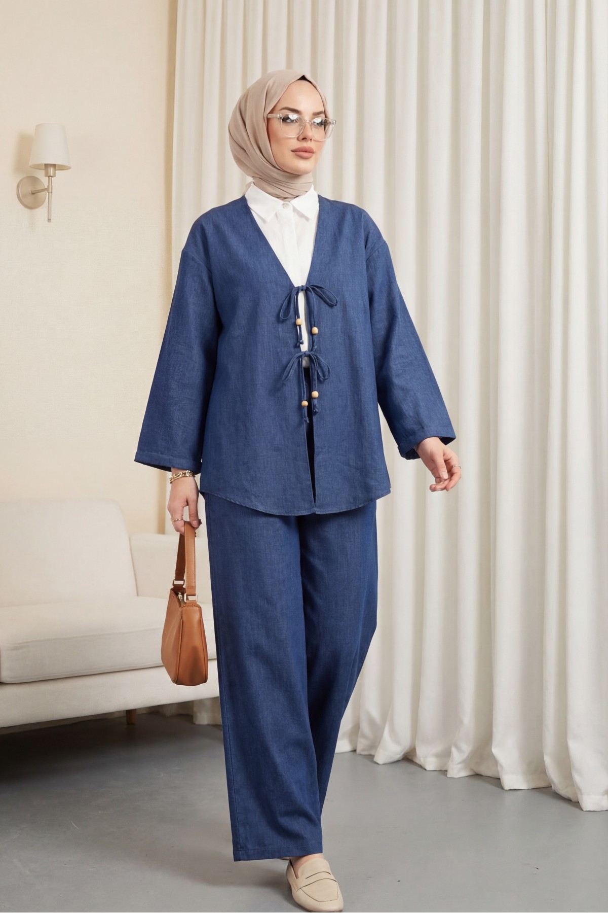 Kimono Set with Double Front Tie and Trousers   -İndigo