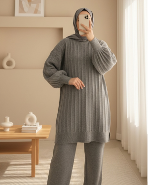Soft Knit Tunic with Ribbed Slits -Grey
