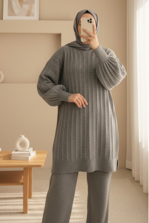 Fitilli Yırtmaçlı Yumoş Triko Tunik -Gri