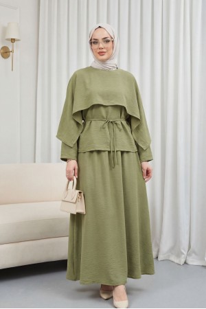 Pelerin Detaylı Beli Bağlamalı Etekli Cupra Takım  -Haki