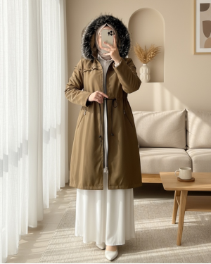 Çıkma Kapşonlu Yıldız Metal Detaylı Kaban -Taba