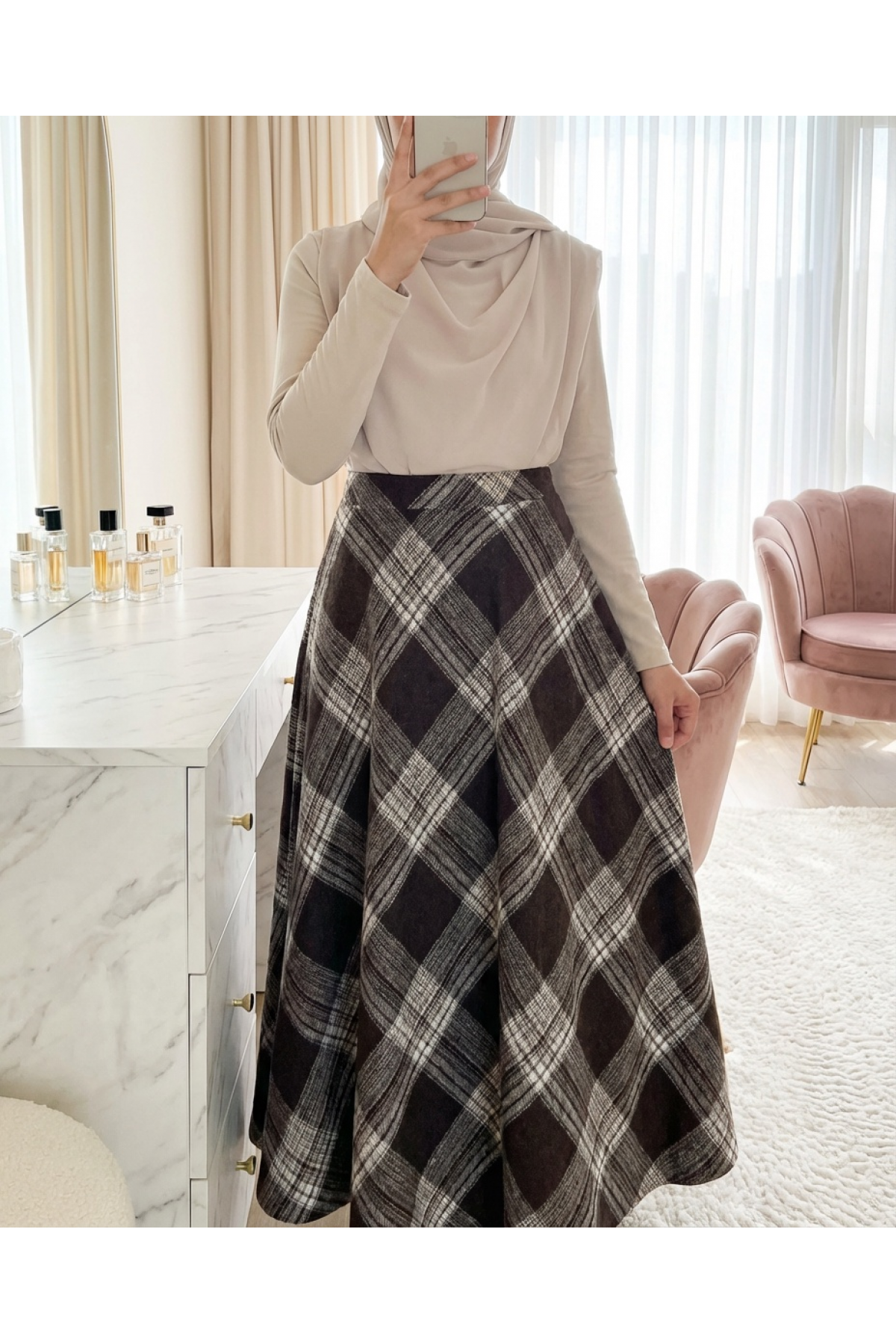 Plaid Patterned Side Zipper Cashmere A   -Brown