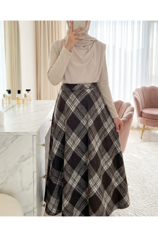 Plaid Patterned Side Zipper Cashmere A   -Brown