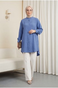 Sleeve Cuff Draped Oval Cut Shirt    -İndigo