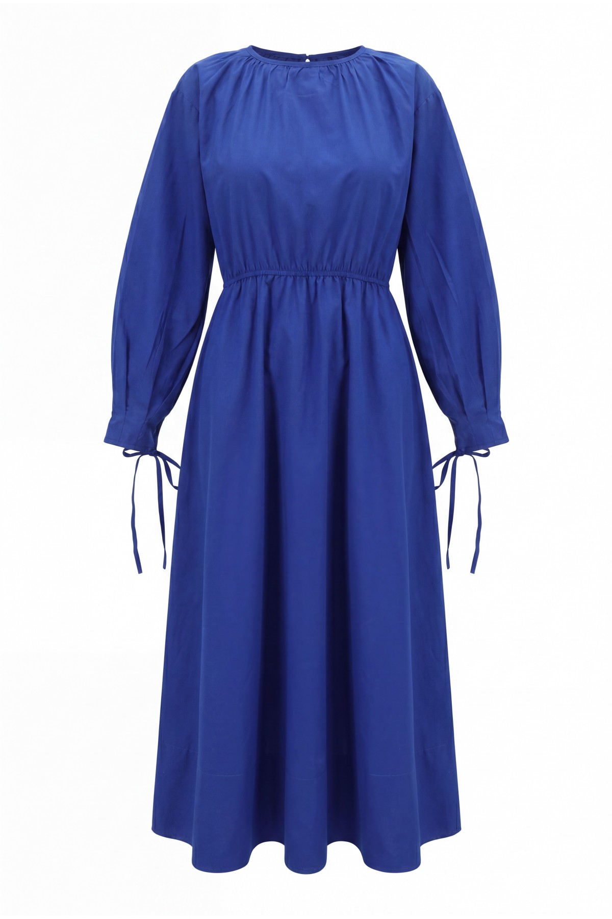 Bağlama Detaylı Beli Lastikli Poplin Elbise -Saks