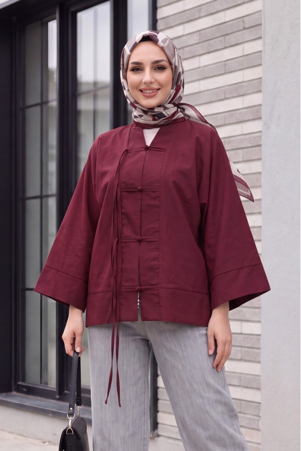 Chinese Knot Closure Mandarin Collar Parachute Kimono -Damson