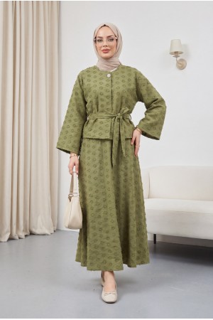Single Button Embossed Embroidered Tie-Up Voile Crepe Set -Khaki
