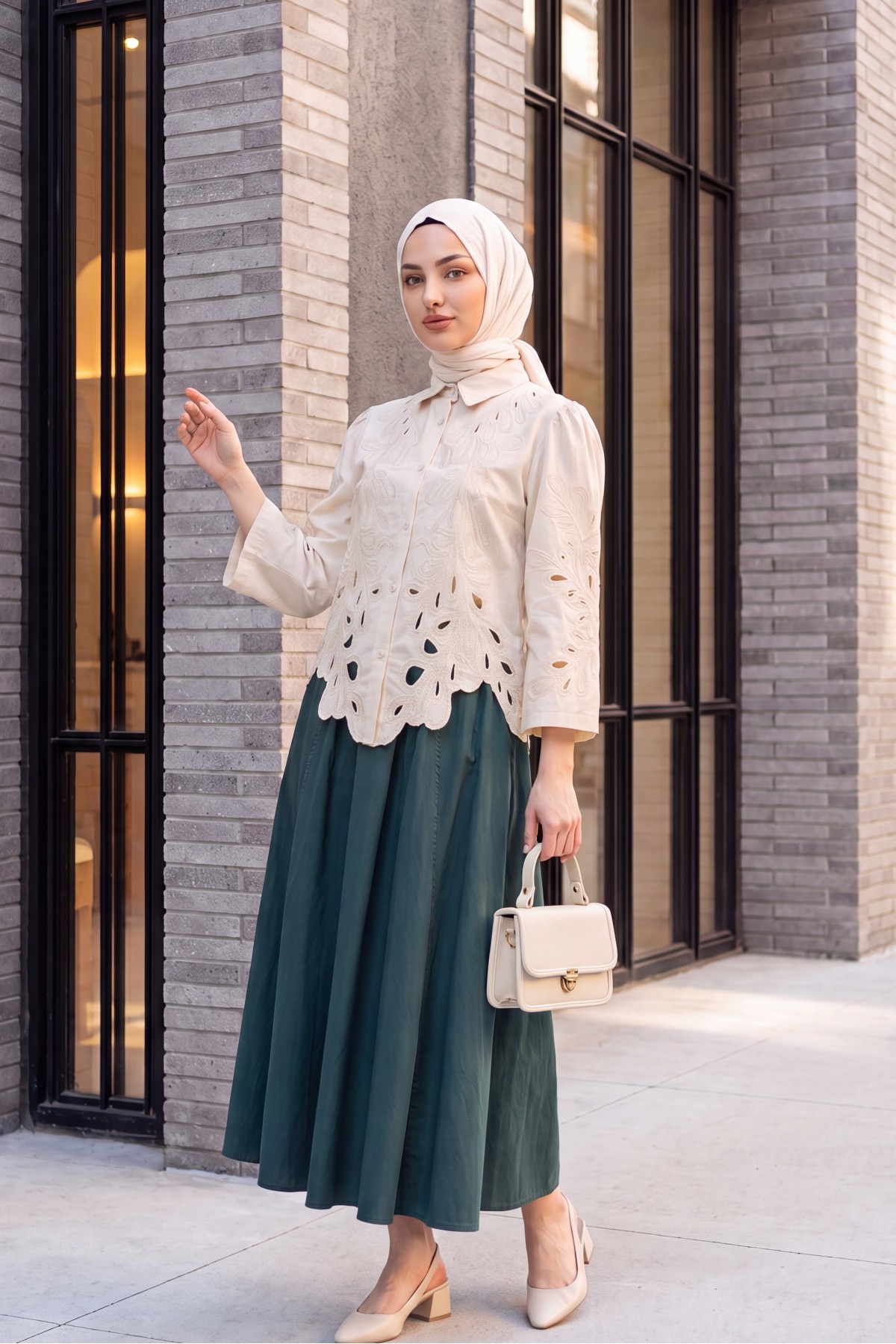 Wide Sleeve Embroidered Buttoned Linen Shirt -Cream color