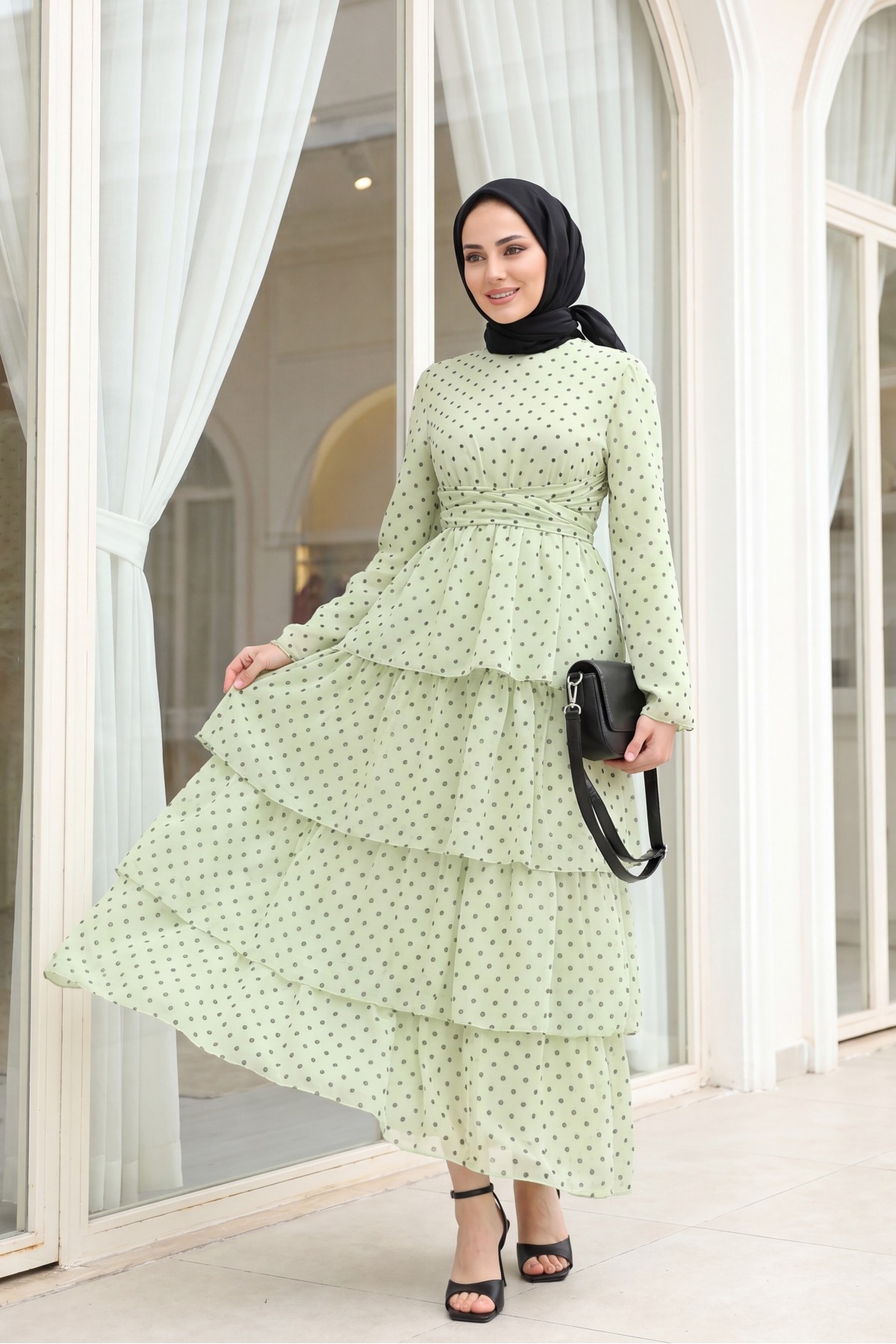 Layered Polka Dot Chiffon Dress with Cross -Sea green