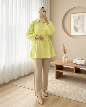 Taşlı Düğmeli Beli Bağlamalı Dantel Detaylı Gömlek -Sarı