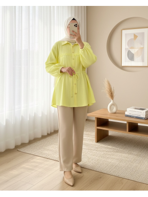 Taşlı Düğmeli Beli Bağlamalı Dantel Detaylı Gömlek -Sarı