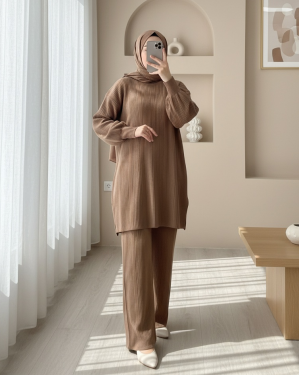 Bisiklet Yaka Balon Kol Triko Takım  -Vizon