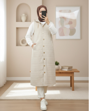 Quilted Vest with Buttoned Front and Chain Detailed Hood -Stone