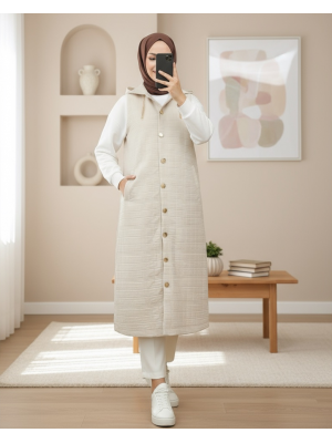 Önü Düğmeli Zincir Detaylı Kapşonlu Kapitone Yelek -Taş