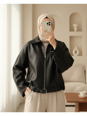 İçi Astarlı  Beli Kat Detaylı Kemerli  Deri Ceket  -Siyah