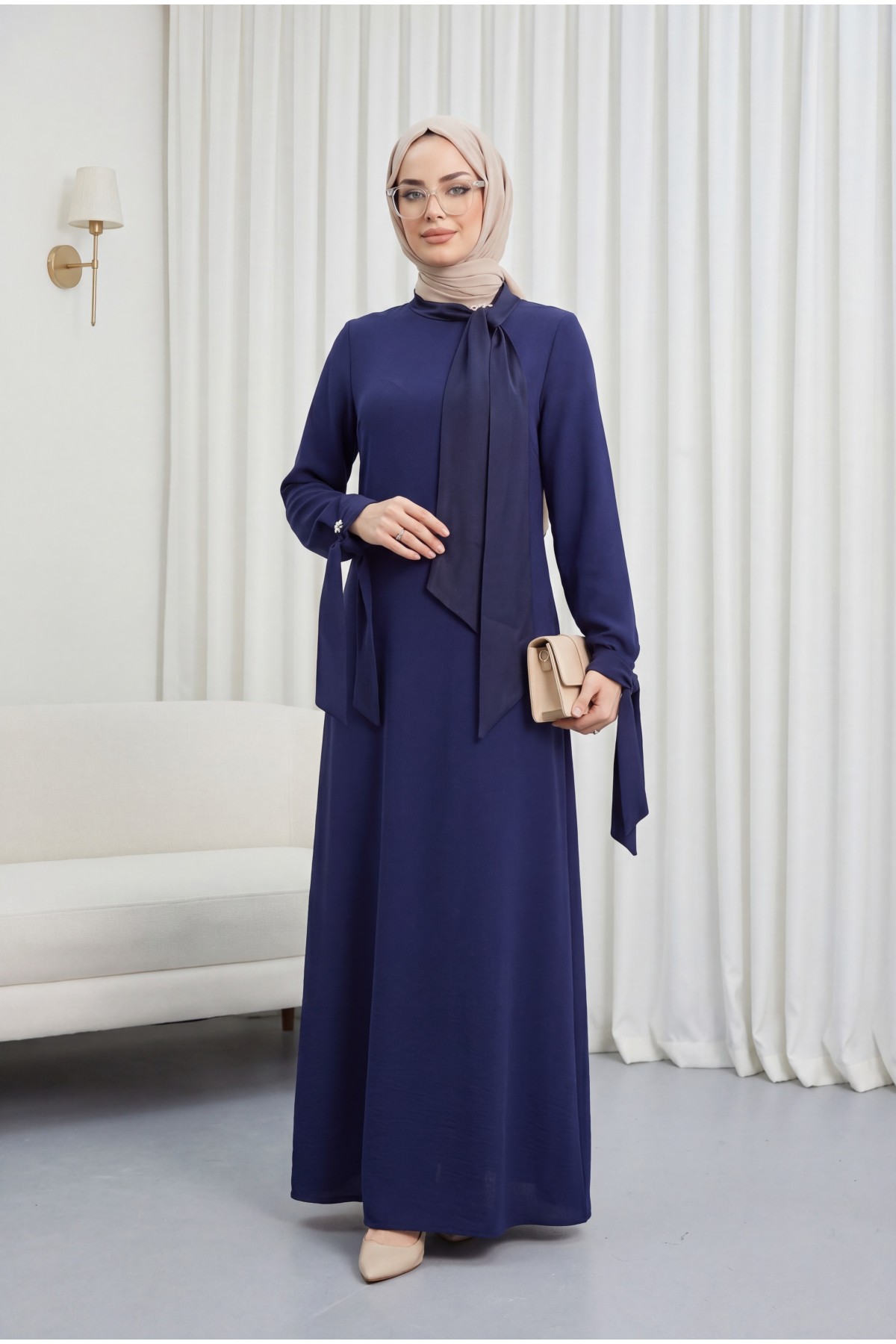 Crepe Dress with Scarf Collar and Brooch Detail and Laced Sleeves -Navy blue