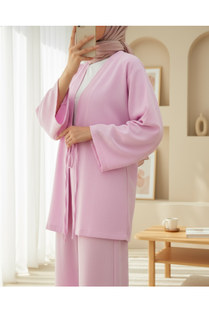 Front Tie Trouser Kimono Set         -Pink